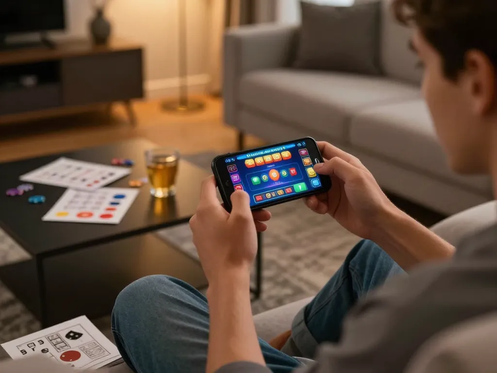 Mobile gaming experience at https://f168.osaka/ showcasing a person using a smartphone in a cozy living room.