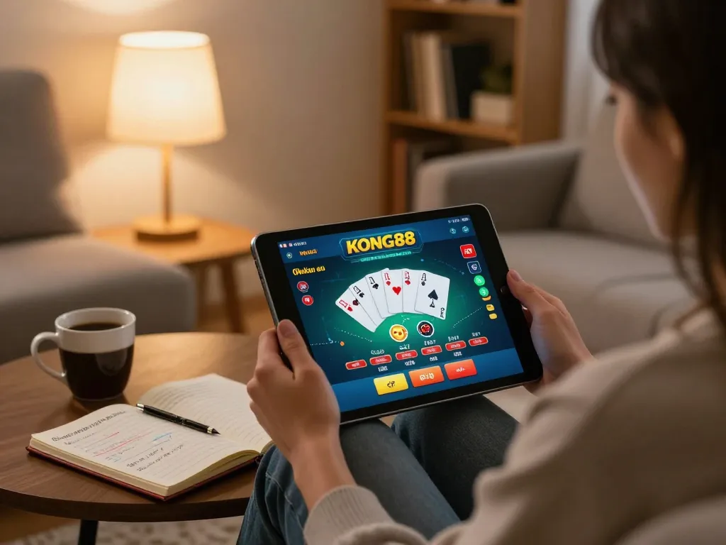 Engaging with online gambling on Nhà cái KONG88 platform, showcasing a cozy home gaming environment.