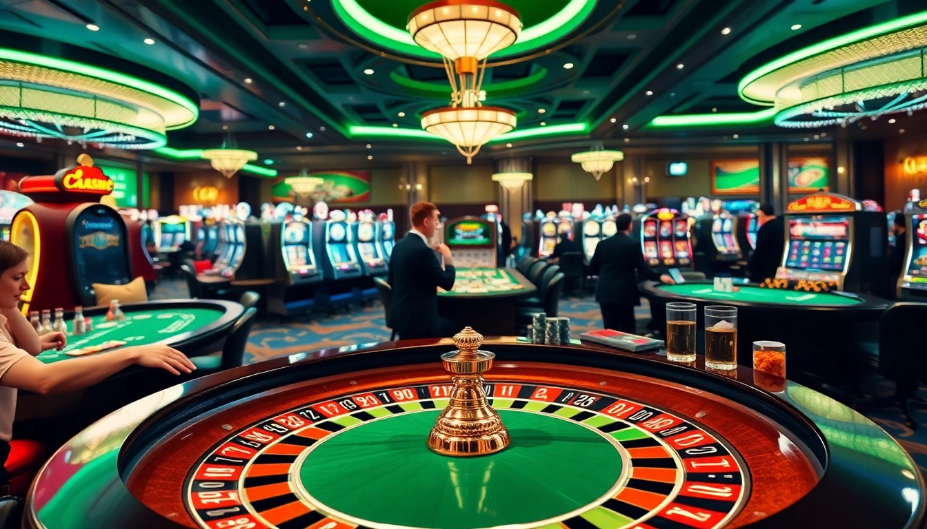 Situs toto dalam suasana kasino yang meriah dengan meja roulette dan pemain bersemangat.