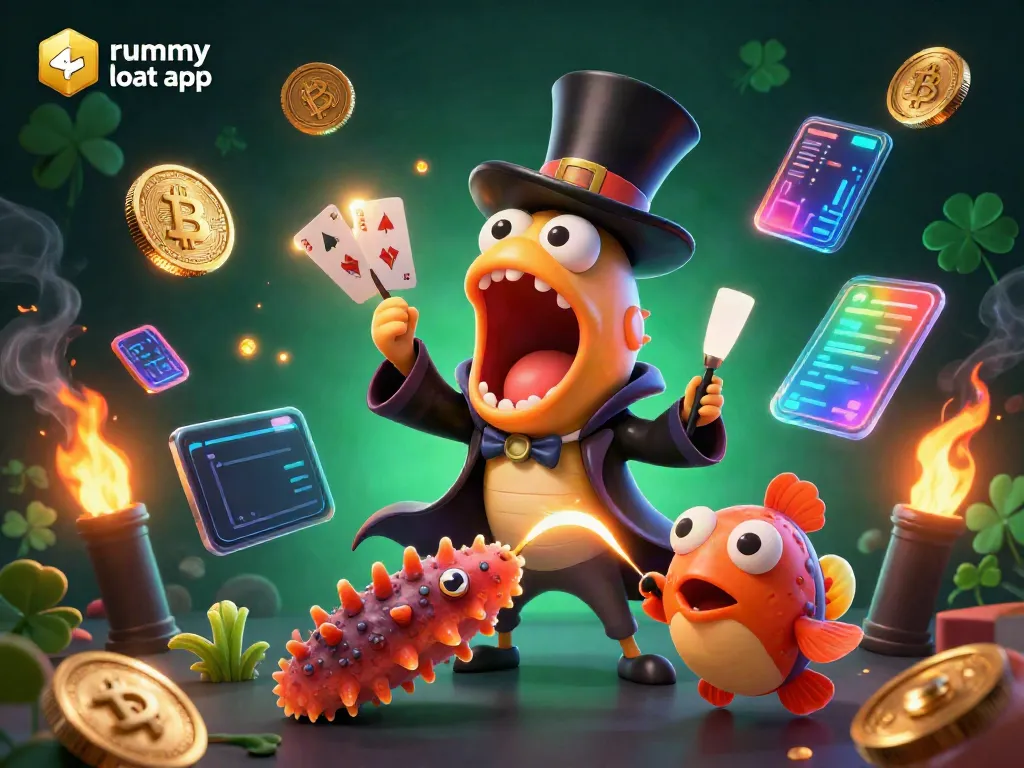 Engage in dynamic card gameplay with the rummy loot app featuring colorful characters like a magician eel and anglerfish.