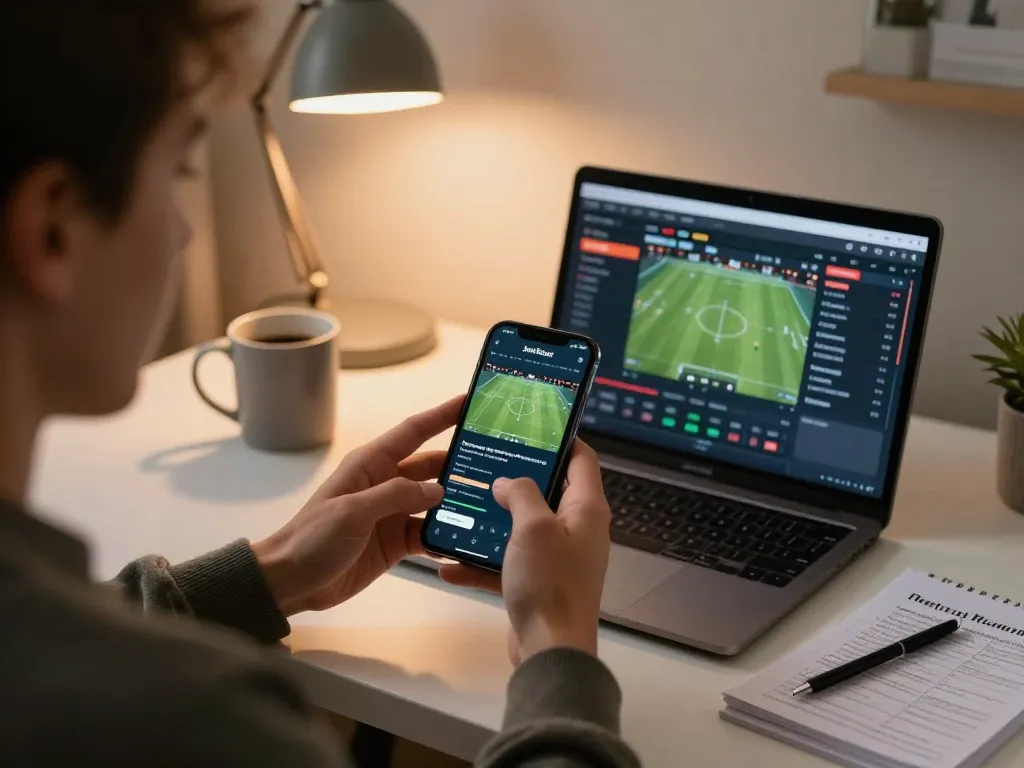 Using the Jeetbuzz App for sports betting in a cozy home setup.