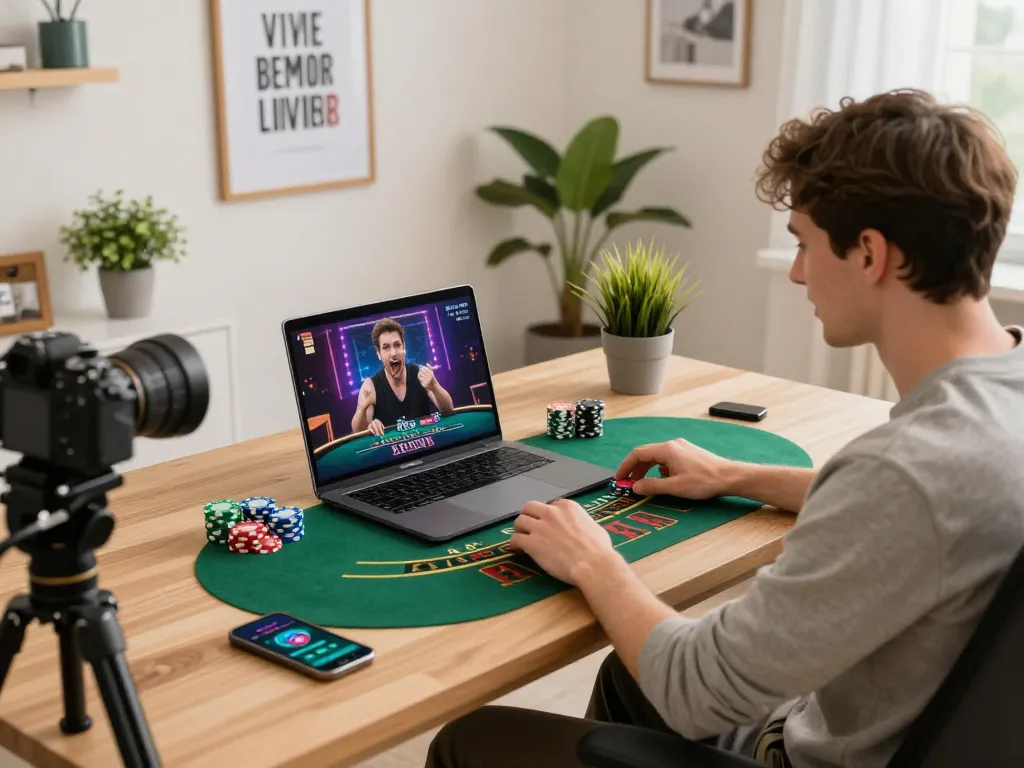 An engaged player enjoying live dealer blackjack online at mb66an, showcasing strategic gameplay in a modern home office.