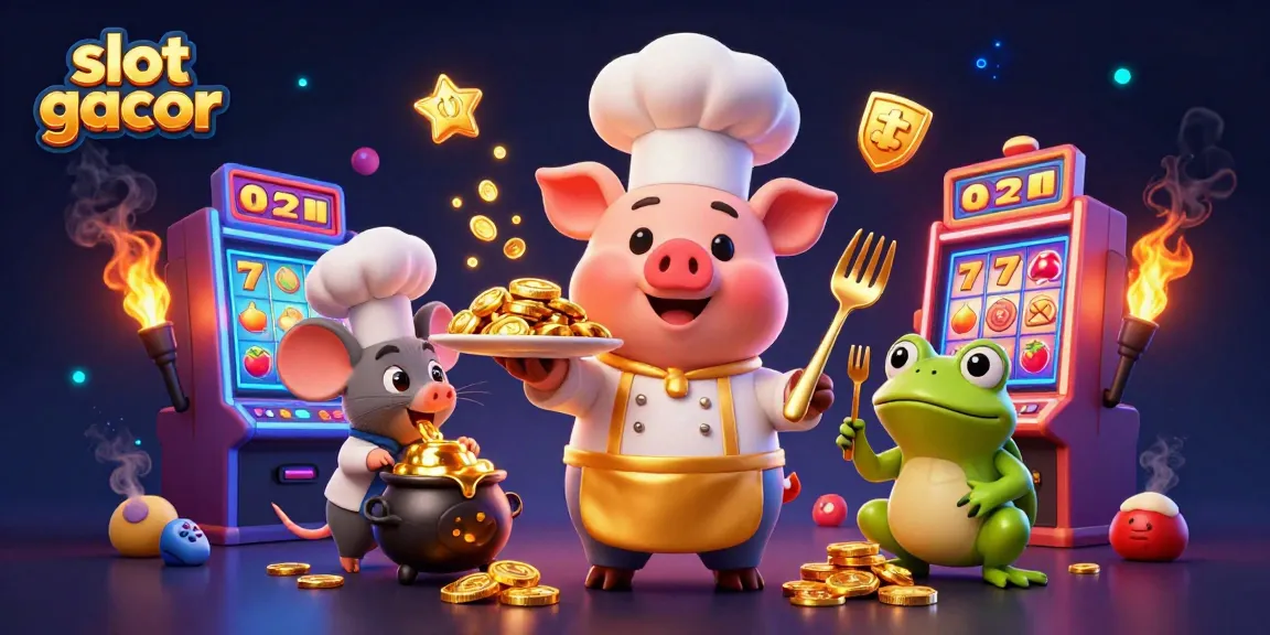 Engage in thrilling slot gacor as a chef pig serves gold coins amid dynamic gaming elements.
