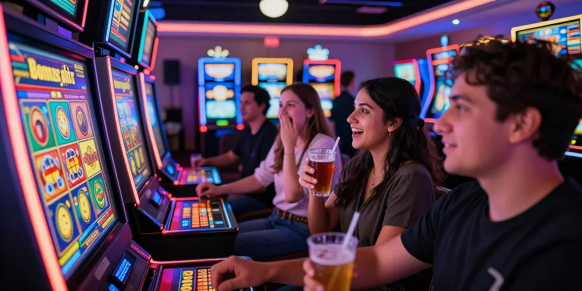 Exciting players enjoying bonus buy slots at a lively casino atmosphere, featuring colorful machines and vibrant engagement.