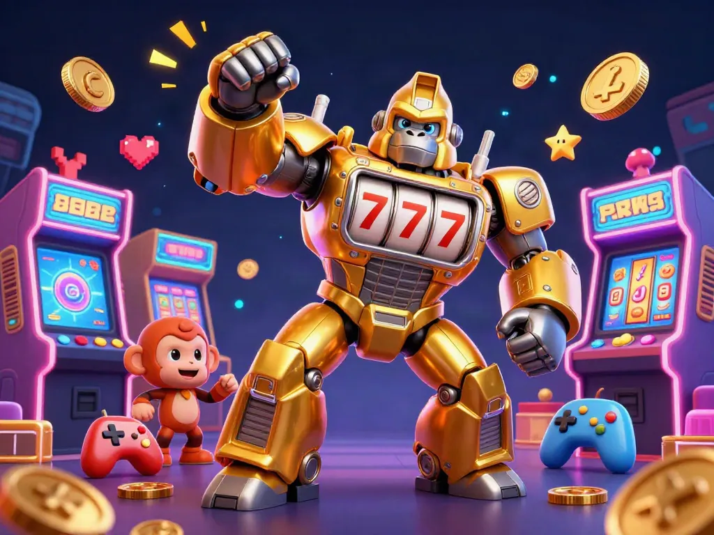 Putar slot dengan 222slotgame, robot gorila emas memimpin di mesin arcade berkilau.