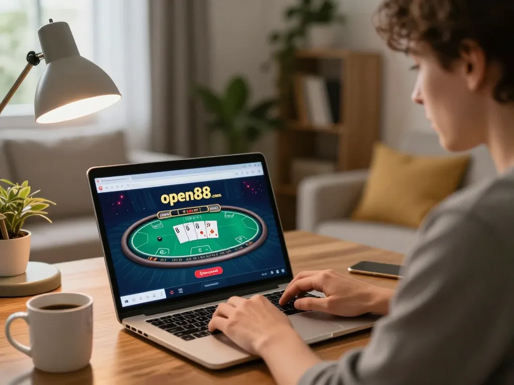 Player strategizing on open88.com using a laptop for a poker game in a cozy home setting.
