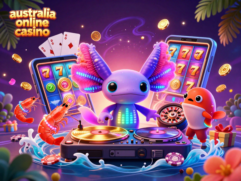 Engage with vibrant action from an australia online casino featuring a DJ axolotl and animated slot game elements.