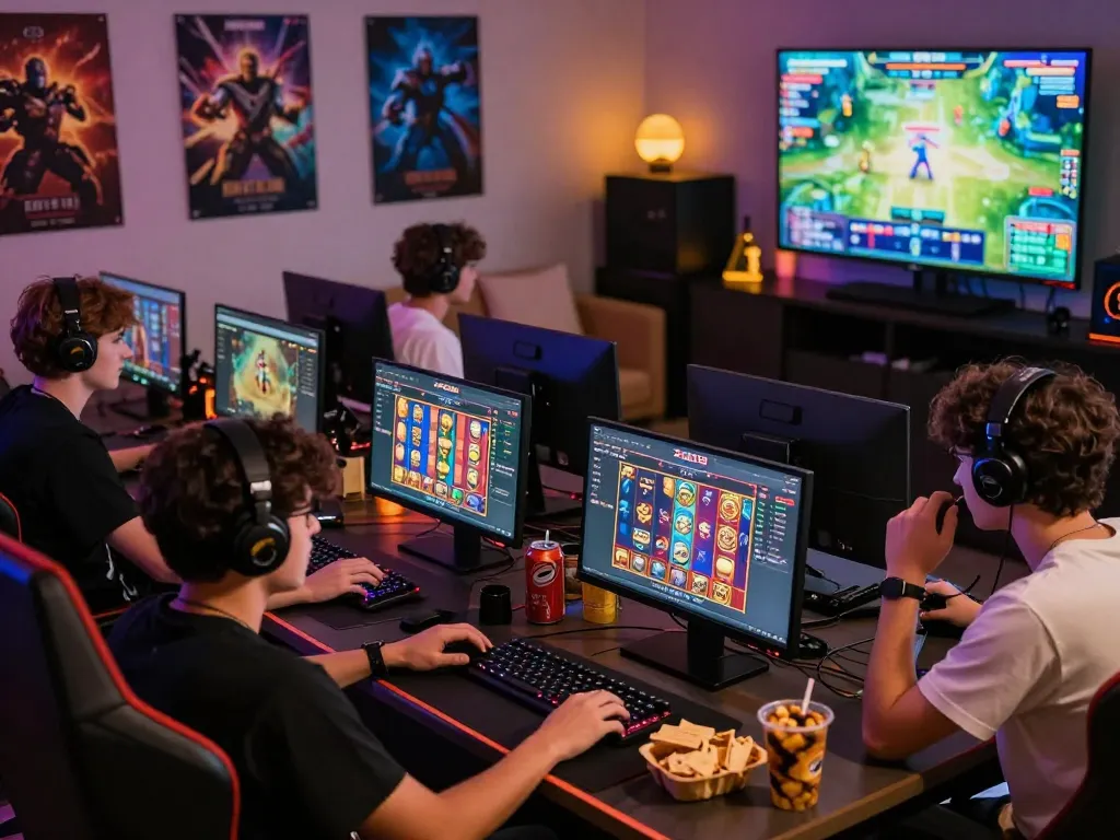 Exciting Zeus138 online gaming atmosphere with diverse players enjoying popular slot games in a vibrant, colorful room.