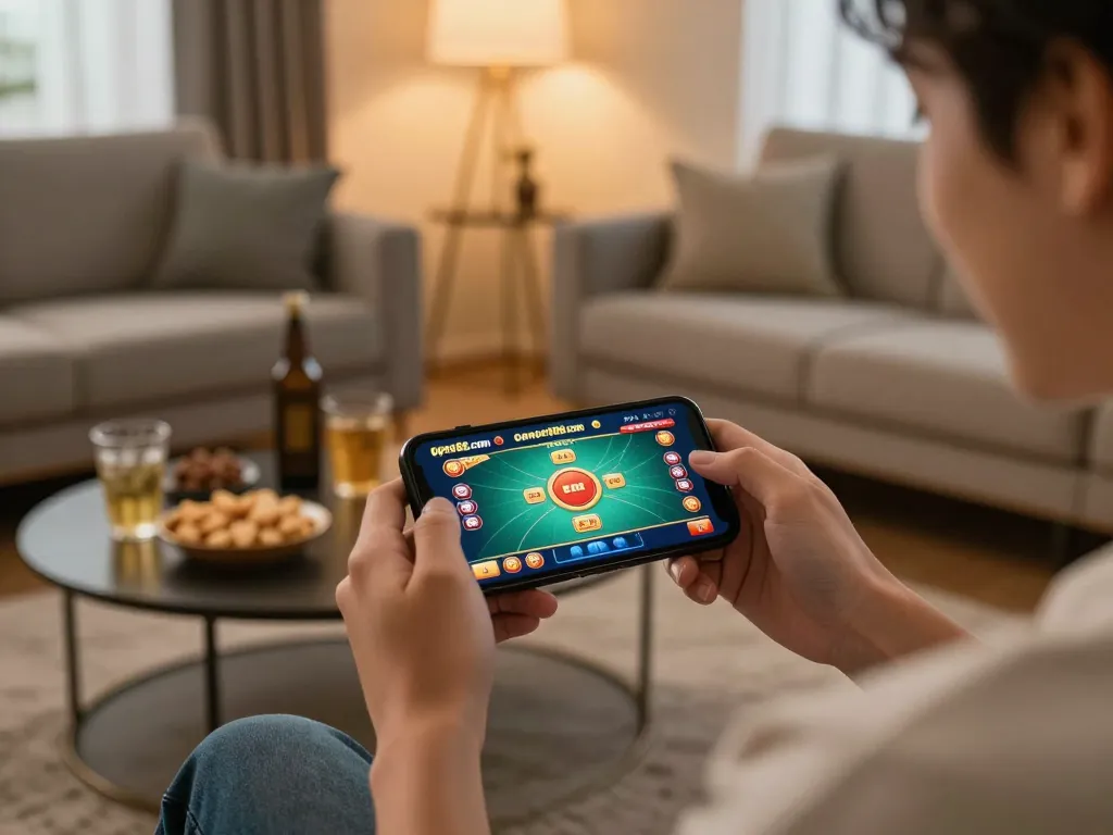 Enjoy dynamic gameplay on open88.com with a smartphone in a cozy home setting, emphasizing responsible gaming.