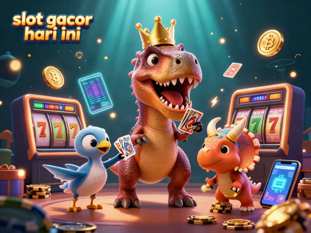T-Rex dengan mahkota emas sedang bermain slot gacor hari ini sementara pterodactyl membantu, triceratops menyusun chip emas.