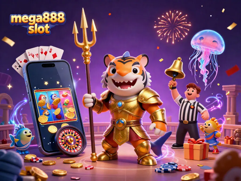 Experience thrilling mega888 slot action in a vibrant underwater colosseum setting with animated characters.