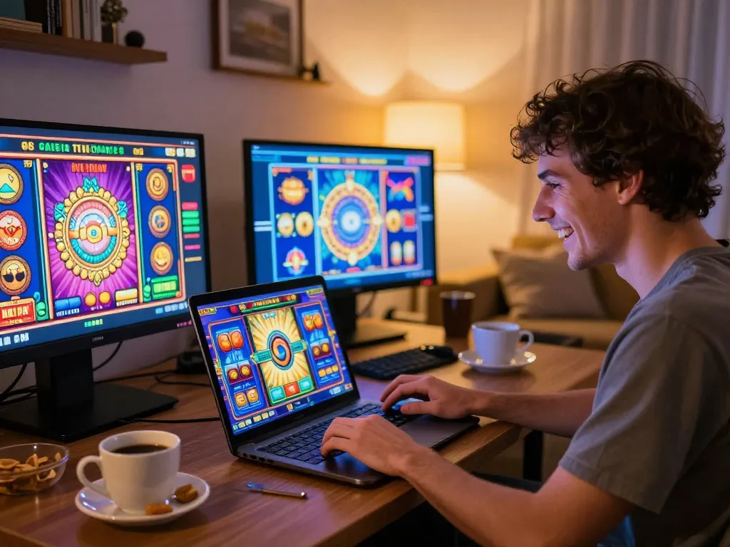 Engaging with AZTEC888 online slots from a cozy home setup, showcasing a lively gaming atmosphere
