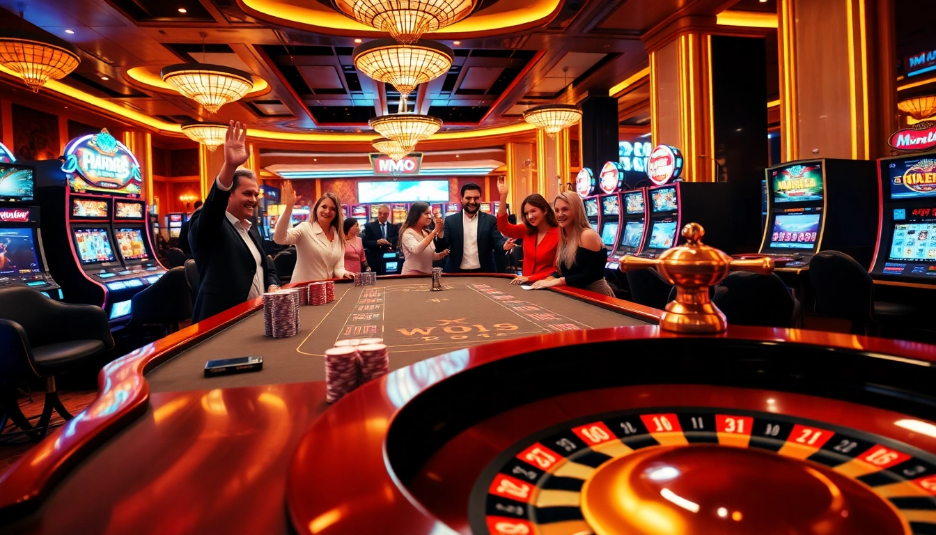 Experience the excitement of MM88 online gambling with a vibrant casino scene showcasing poker and slot machines.