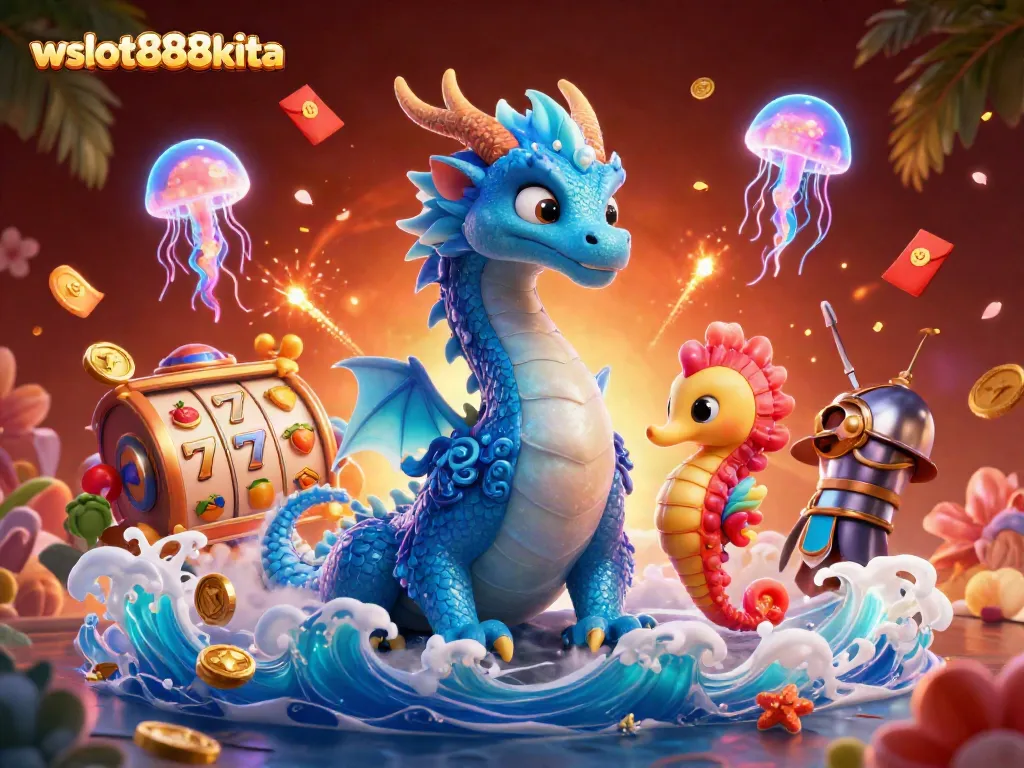 Permainan slot di wslot888kita dengan naga berwarna azure dan kuda laut berani di sekitarnya.