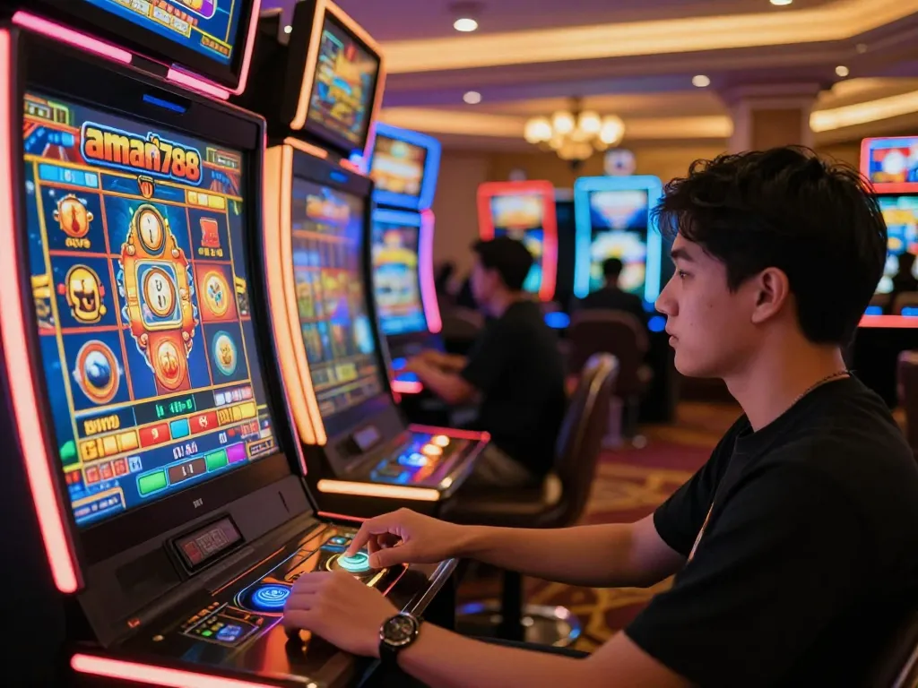 Pemain menikmati aman788 slot gacor di mesin slot kasino yang cerah, fokus pada gulungan yang berputar di tengah cahaya berwarna-warni.