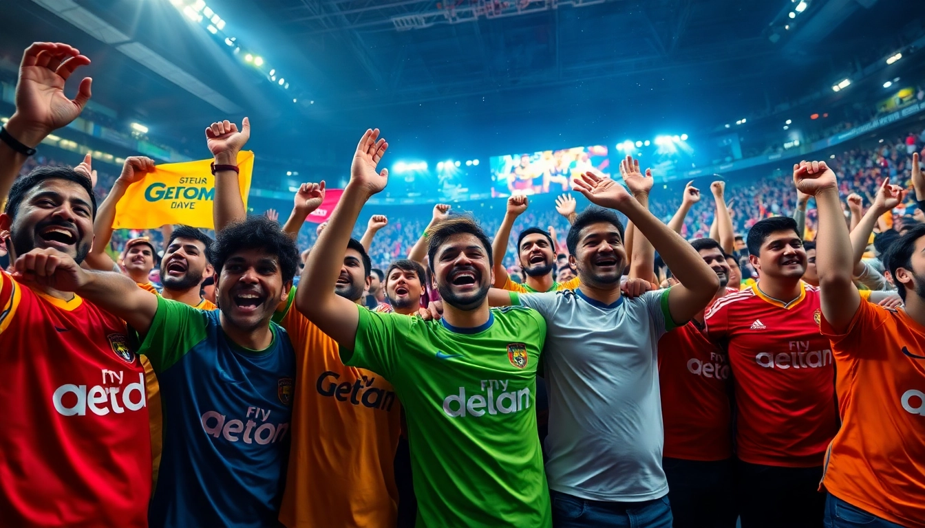 Excited fans celebrating in a stadium atmosphere at mm88 futbol.