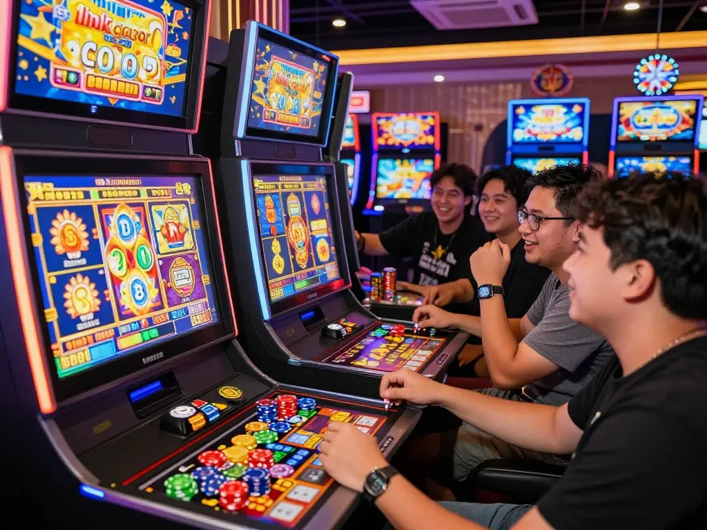 Players enjoying link gacor slots at vibrant casino with excitement.