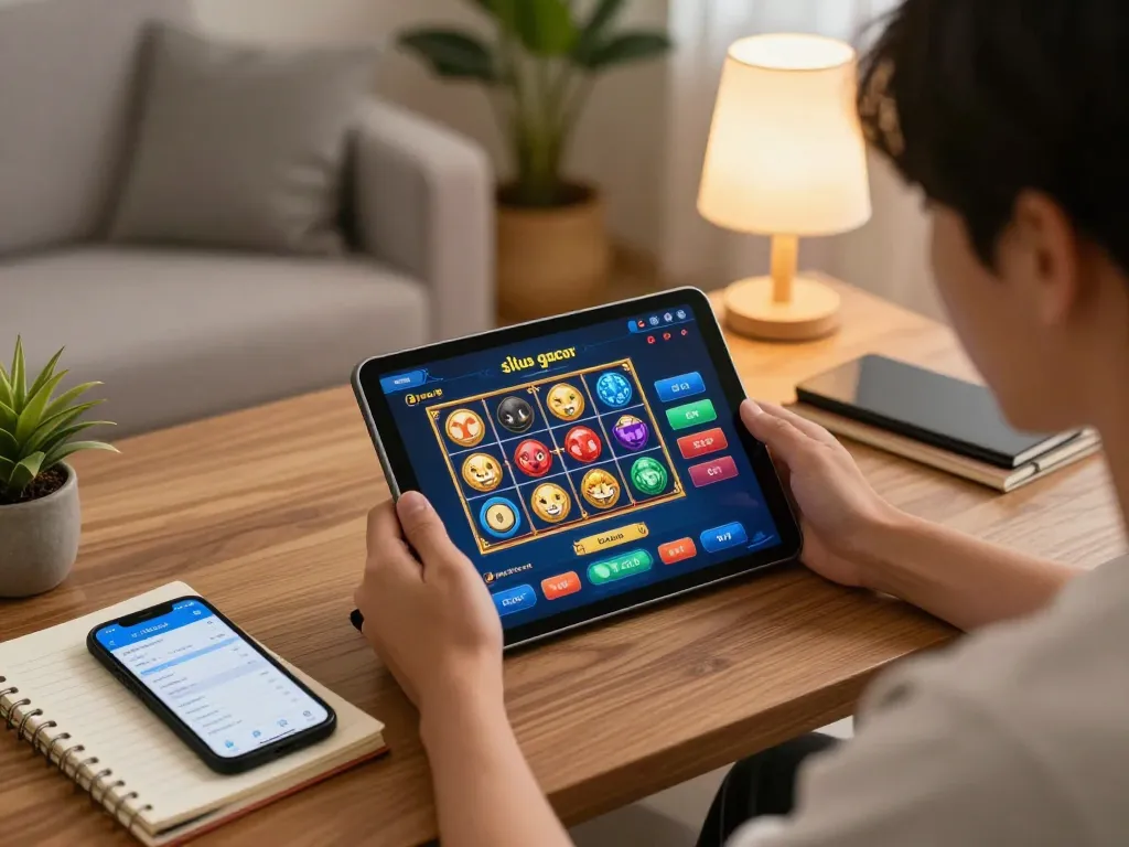 Situs slot gacor gameplay viewed on tablet in a cozy home setting, highlighting strategic betting.