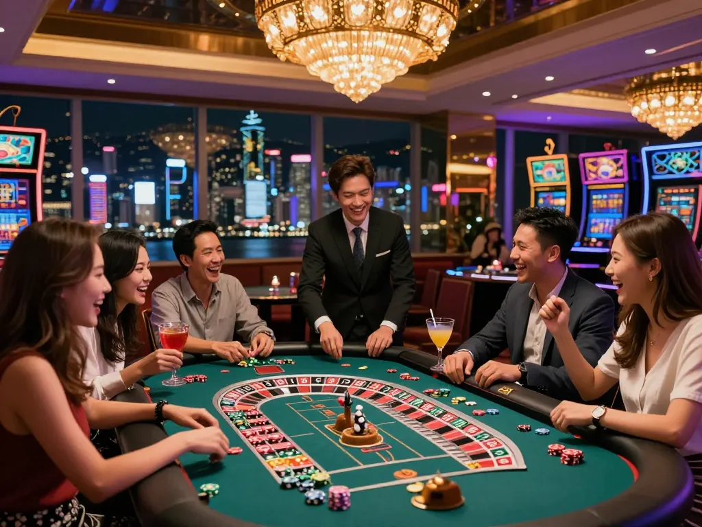 Excited friends enjoying the vibrant atmosphere of a casino in Hong Kong.