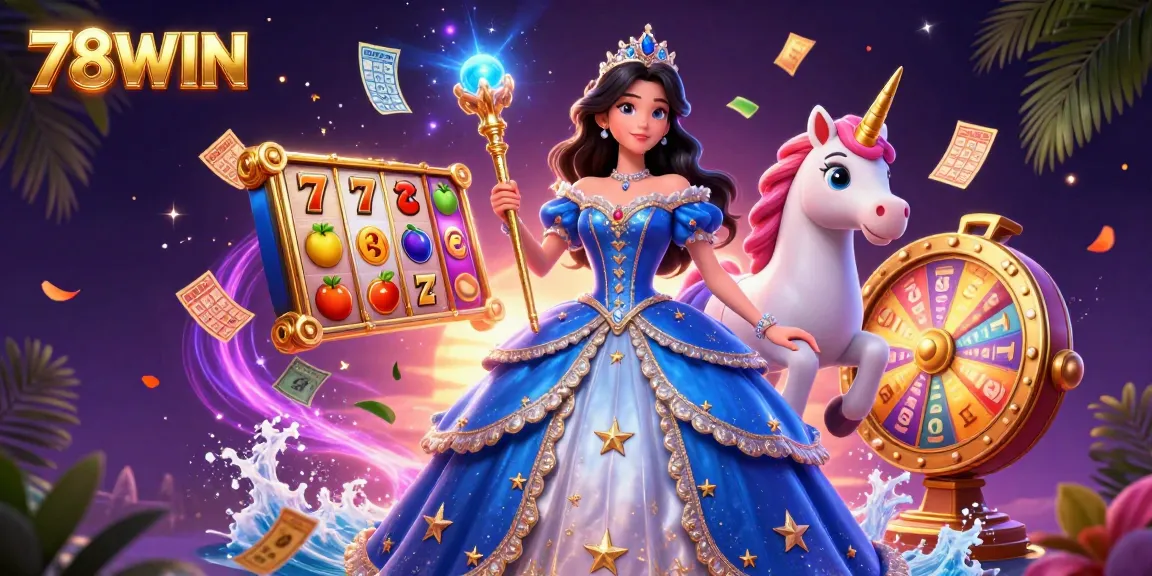 Experience the enchanting world of 78WIN with stunning luck-themed visuals, dazzling slot symbols, and magical elements.