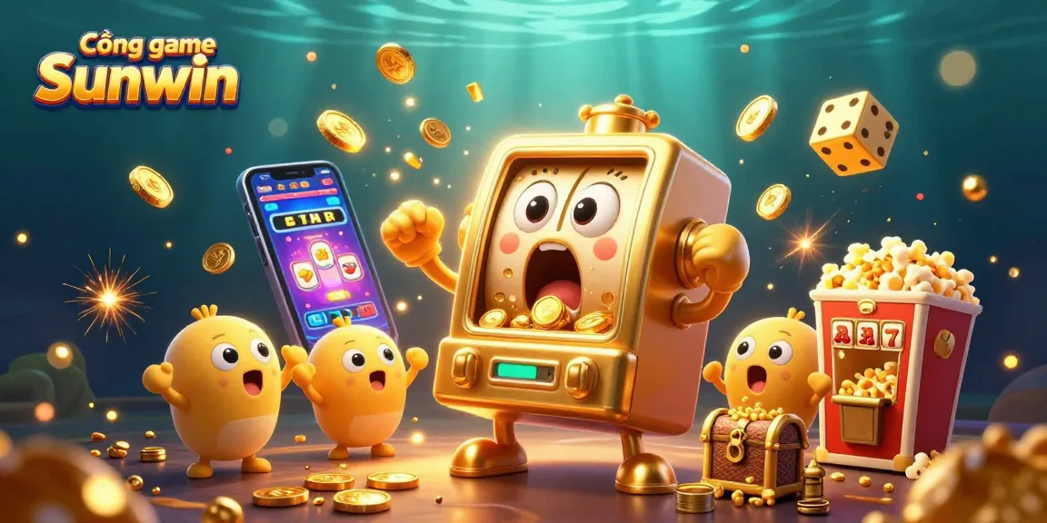 Cổng game Sunwin features a vibrant scene with a golden slot machine hitting a jackpot and coins pouring out, celebrating a thrilling gambling experience.