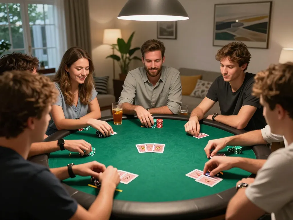 Pengaturan login Kenzototo dengan pemain yang menikmati permainan poker rumah yang meriah, menampilkan permainan kartu strategis dan interaksi sosial.