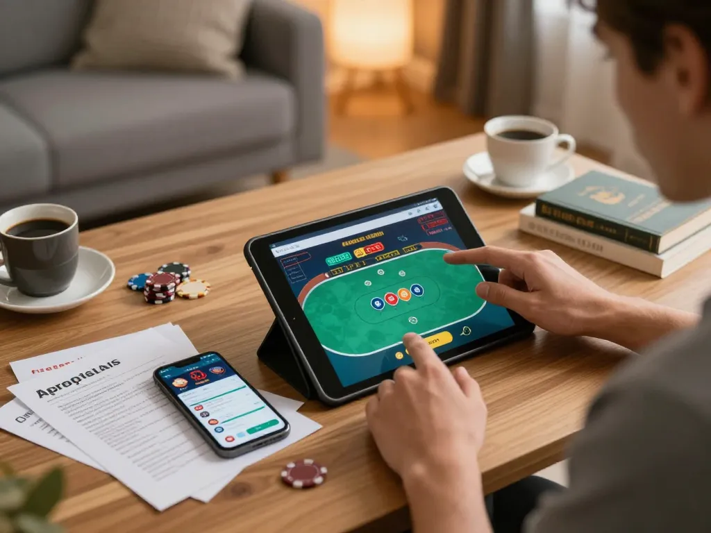 Player engaging in poker on sc88.casino app in cozy home setting, showcasing strategic gameplay.
