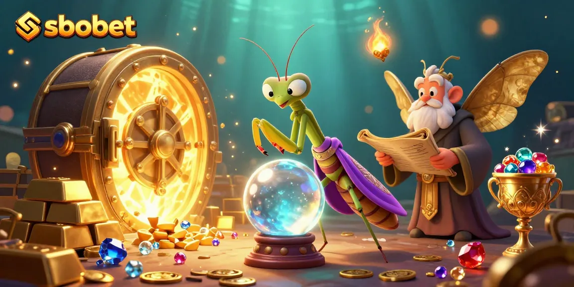 Experience sbobet excitement with a cartoon fortune teller and treasures in a vibrant casino setting.