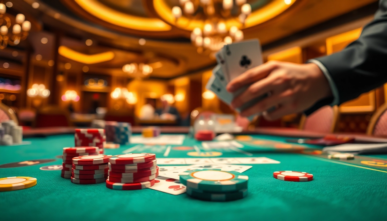 Engaging scene of an online casino Singapore card game with colorful chips and elegant gaming ambiance.