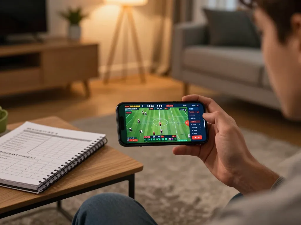 Player engaging with tg88 sports betting app on smartphone in a cozy setting, highlighting excitement and responsible gaming.
