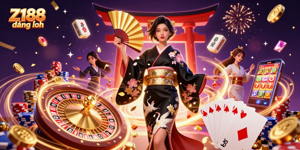 Z188 đăng nhập illustration depicting a casino scene with a stylish Asian woman holding a fan, surrounded by casino elements.
