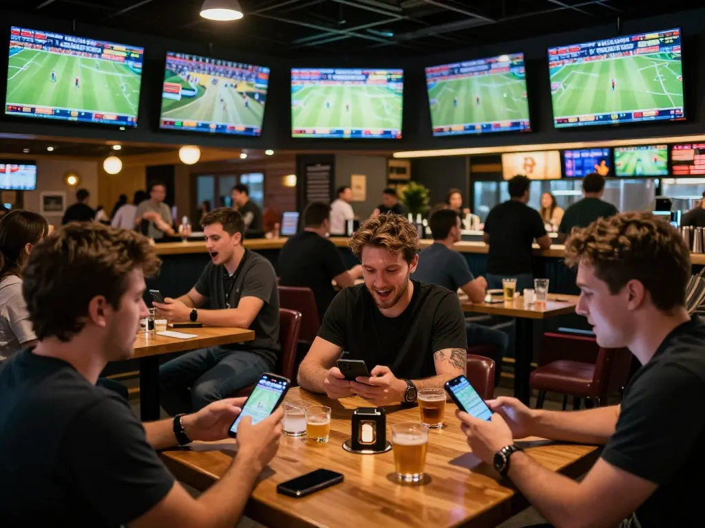 Engaged patrons placing bets on god55 sports in a lively sports bar, multiple screens showing live matches