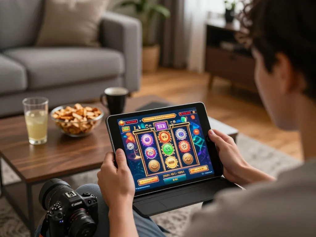 Engaging in slot online gameplay on tablet at home, showcasing vibrant interface and cozy surroundings.