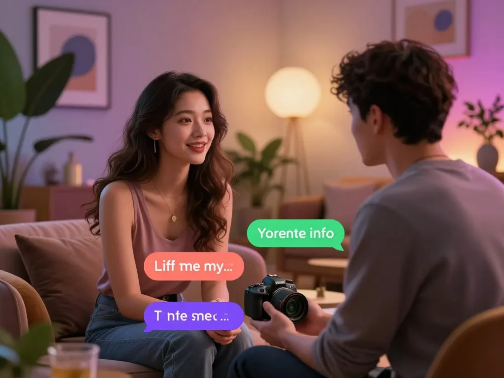 A user engaging with an 18+ ai character in an immersive and cozy virtual chat setting.