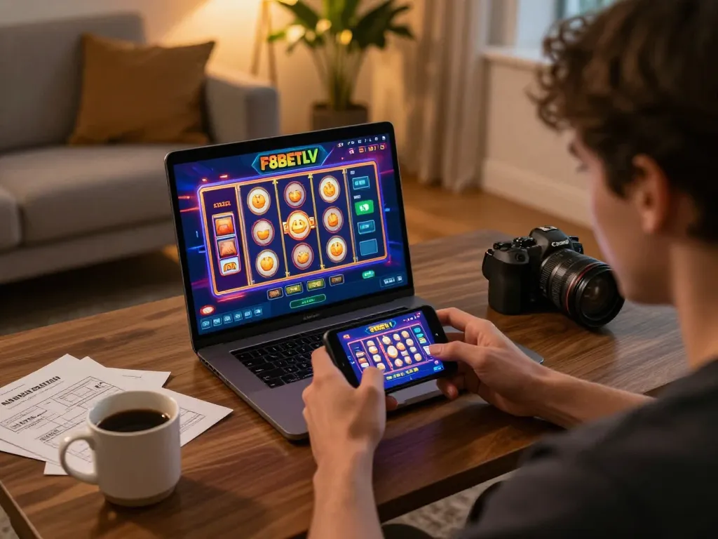 Players enjoying F8BETLV casino app on mobile while managing bankroll strategies in cozy home setting.
