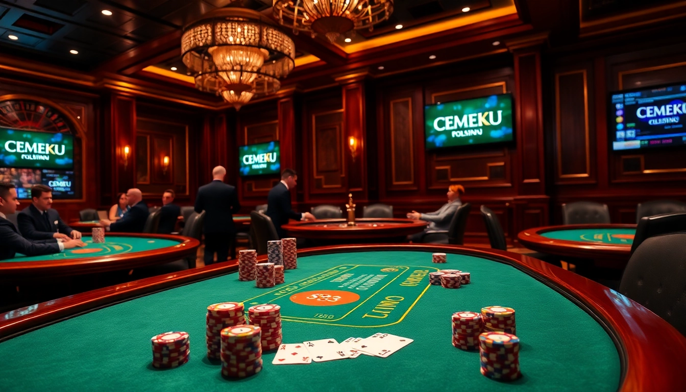 CEMEKU poker players engaging in an exciting game at a luxurious gaming table with vibrant chips and cards.