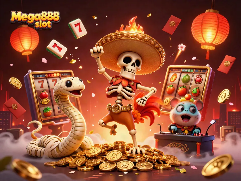 Engage in mega888 slot excitement with a vibrant 3D illustration of a dancing mariachi and casino elements.
