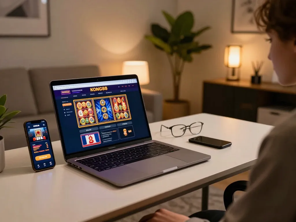 KONG88 online gaming setup featuring a laptop showing casino games and a smartphone displaying live dealer options.
