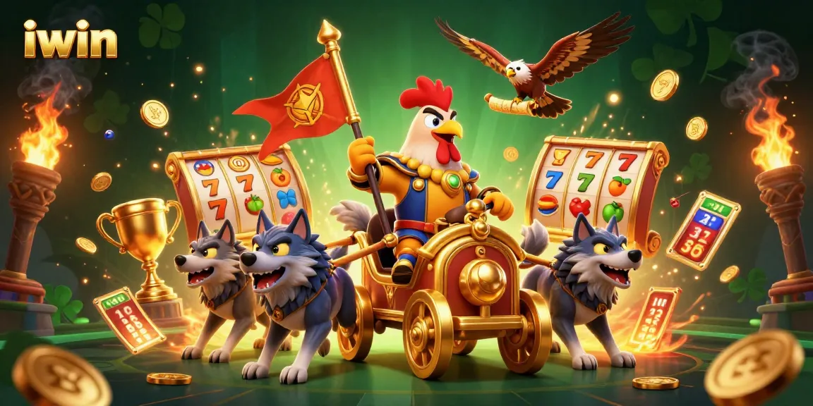 Experience thrilling gameplay at iwin with a dynamic casino scene featuring a golden war chariot and slot reels.