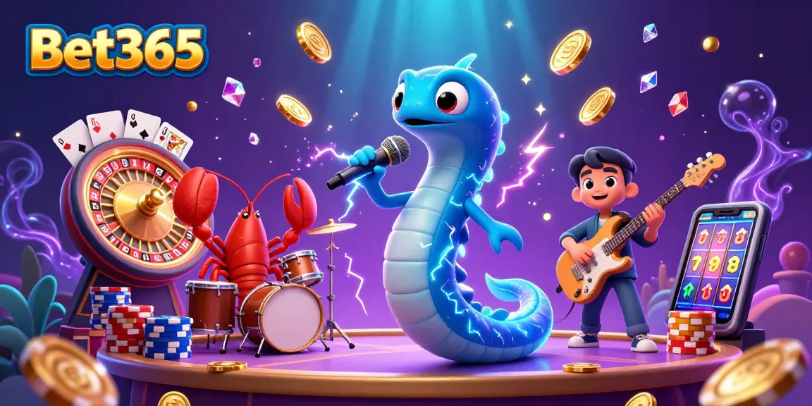 Experience the excitement of Bet365 with a vibrant underwater casino scene featuring a DJ eel and musicians, bursting with casino elements.
