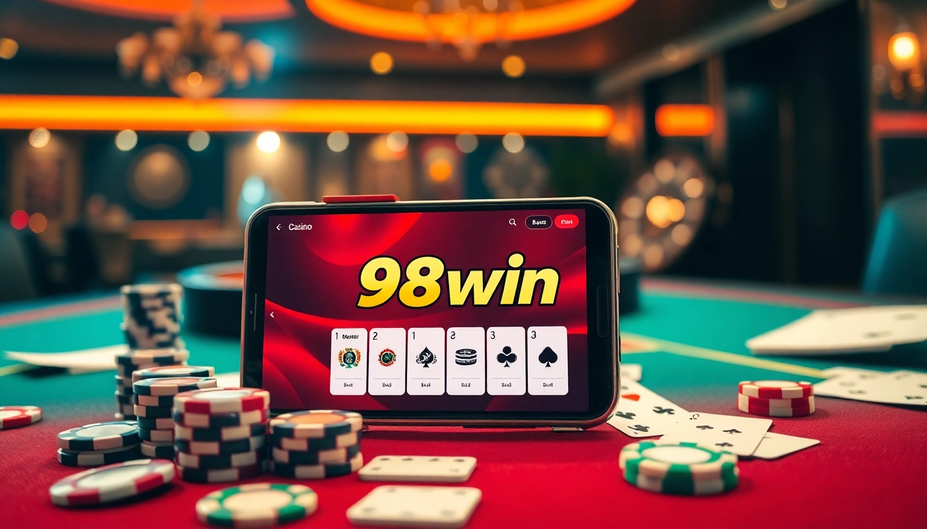 Experience the thrill of winning with app 98win displayed on a mobile device amidst vibrant casino elements.