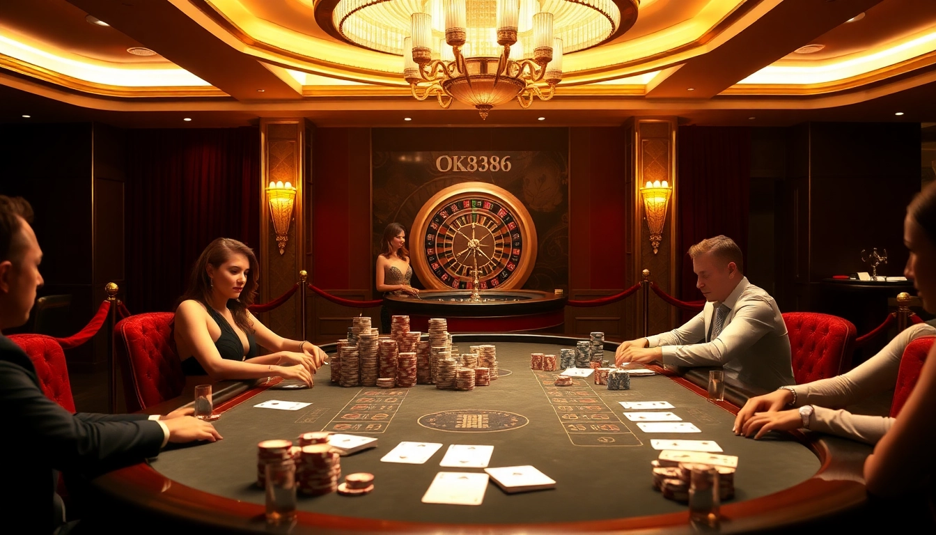 Players engage in a thrilling game at a luxurious poker table in OK8386 casino.