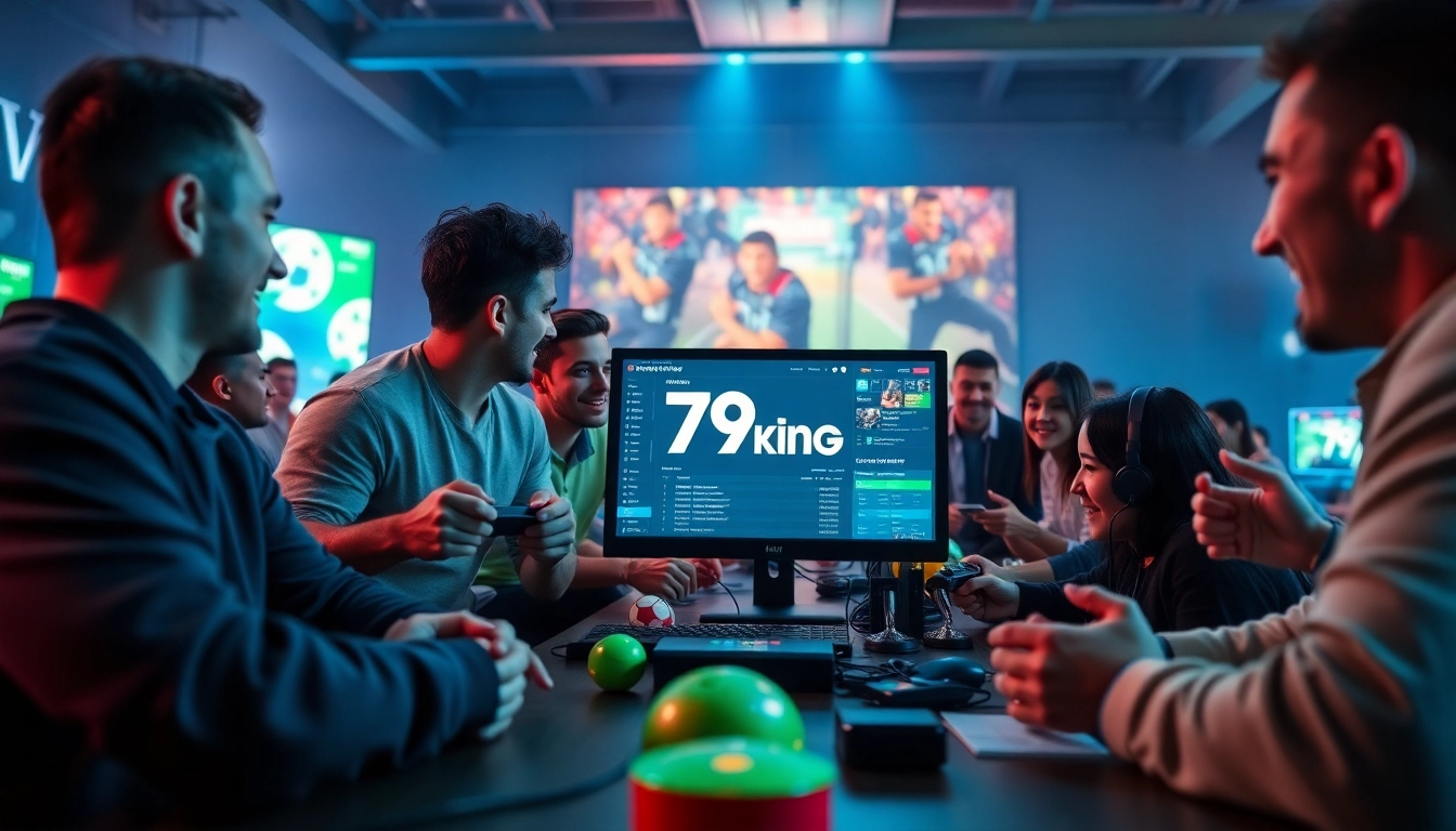Aufregende Atmosphäre von Gamern, die mit der Plattform 79king hn in lebhaften Farben beschäftigt sind.