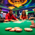 Engage in a thrilling game of Blackjack Casino with players focused at the table, vibrant atmosphere.