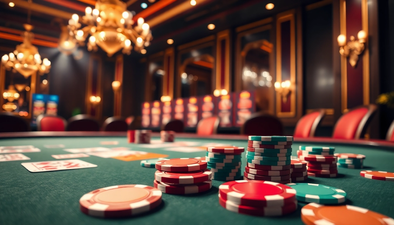 Engaging casino scene with vibrant poker table and luxurious ambiance.
