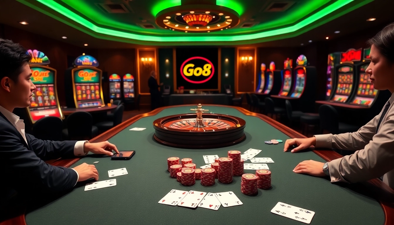 Experience the thrill of go8 chính thức as players engage in strategic casino games with polished poker chips and vibrant slot machines.