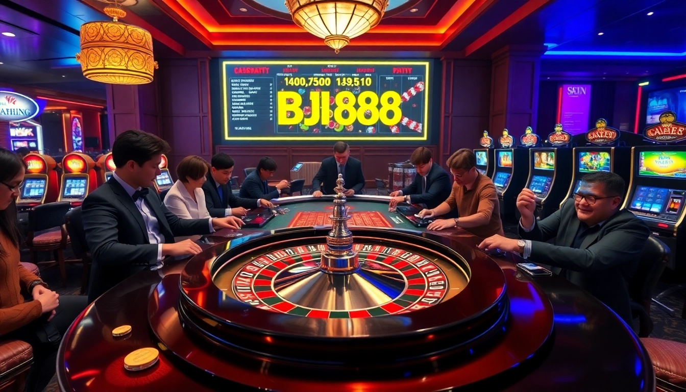 High-stakes gambling at Nhà Cái BJ888 with roulette wheel and excited players.