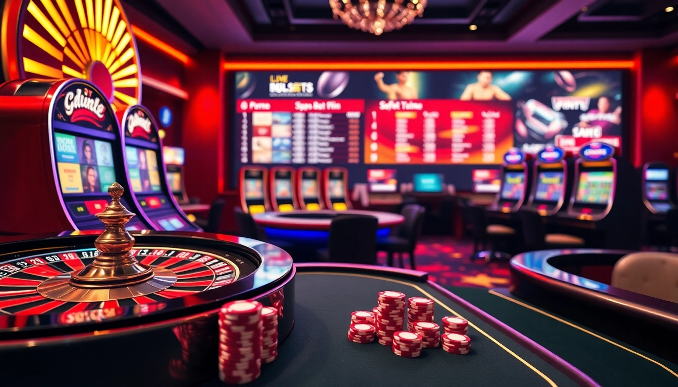 Exciting online gambling scene featuring Trang chủ MM88 with roulette and slot machines.