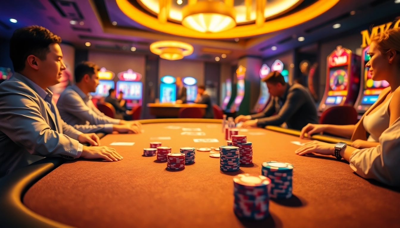 Thrilling poker game at an Okfun casino table with vibrant chips and cards.