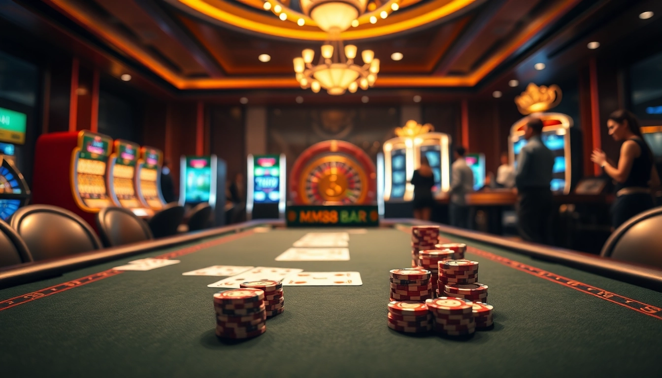 Experience thrilling gameplay at https://mm88.bar/ with a vibrant casino scene of poker and roulette.